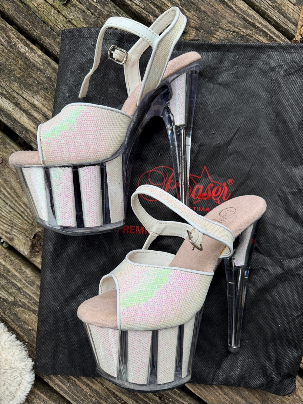 Pleaser Iridescent White Pink-Glitter Platform sligbacks size 6